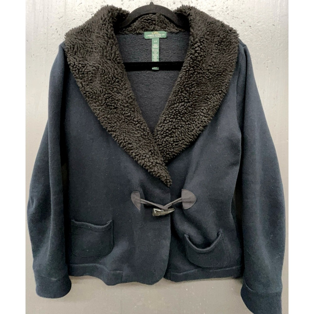 Vtg LRL Lauren Jeans Co Jacket S Black Sherpa Shawl Collar Toggle Soft Quiet Lux